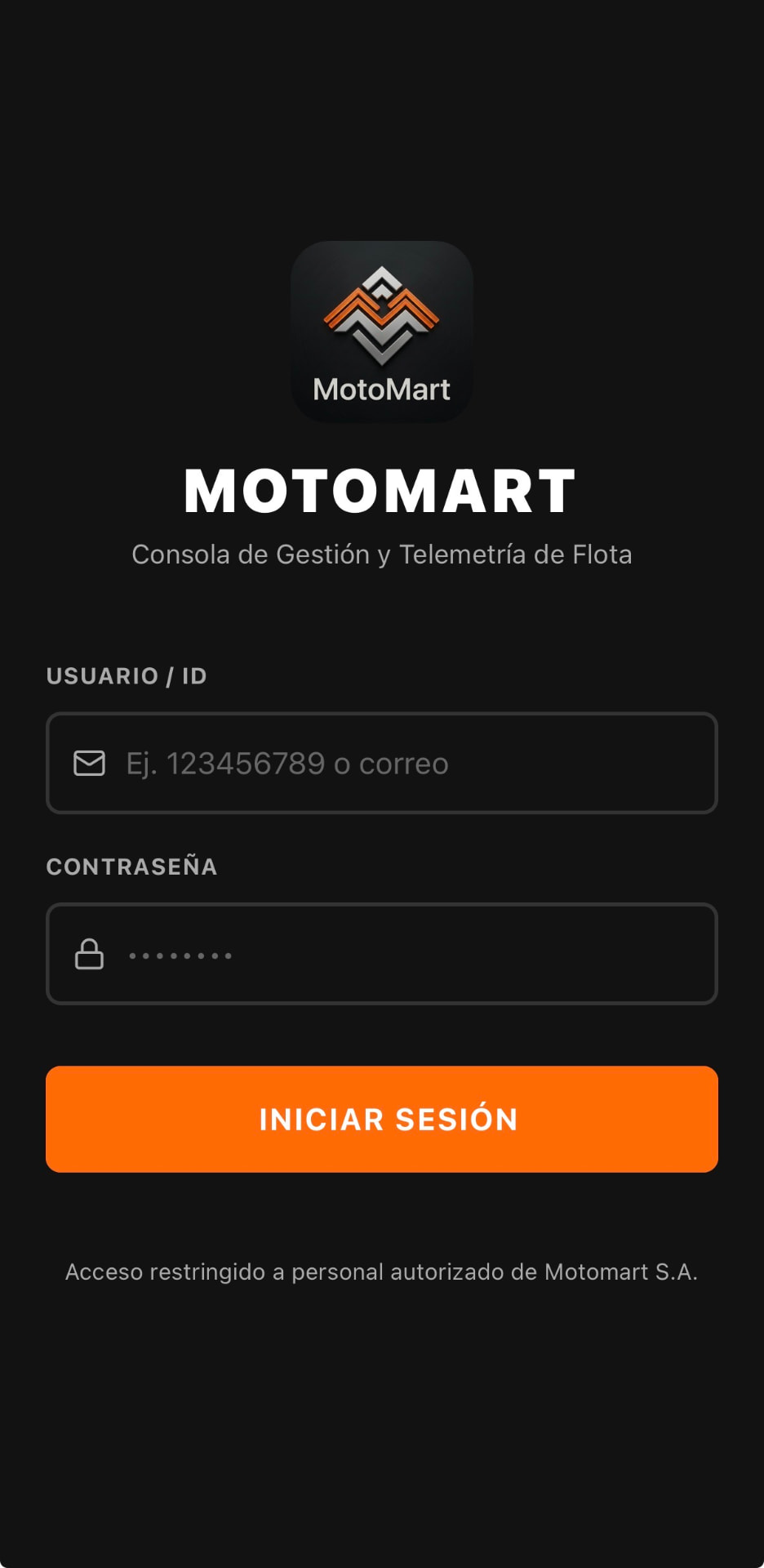 Inicio de sesión de la App MotoMart Telemetría