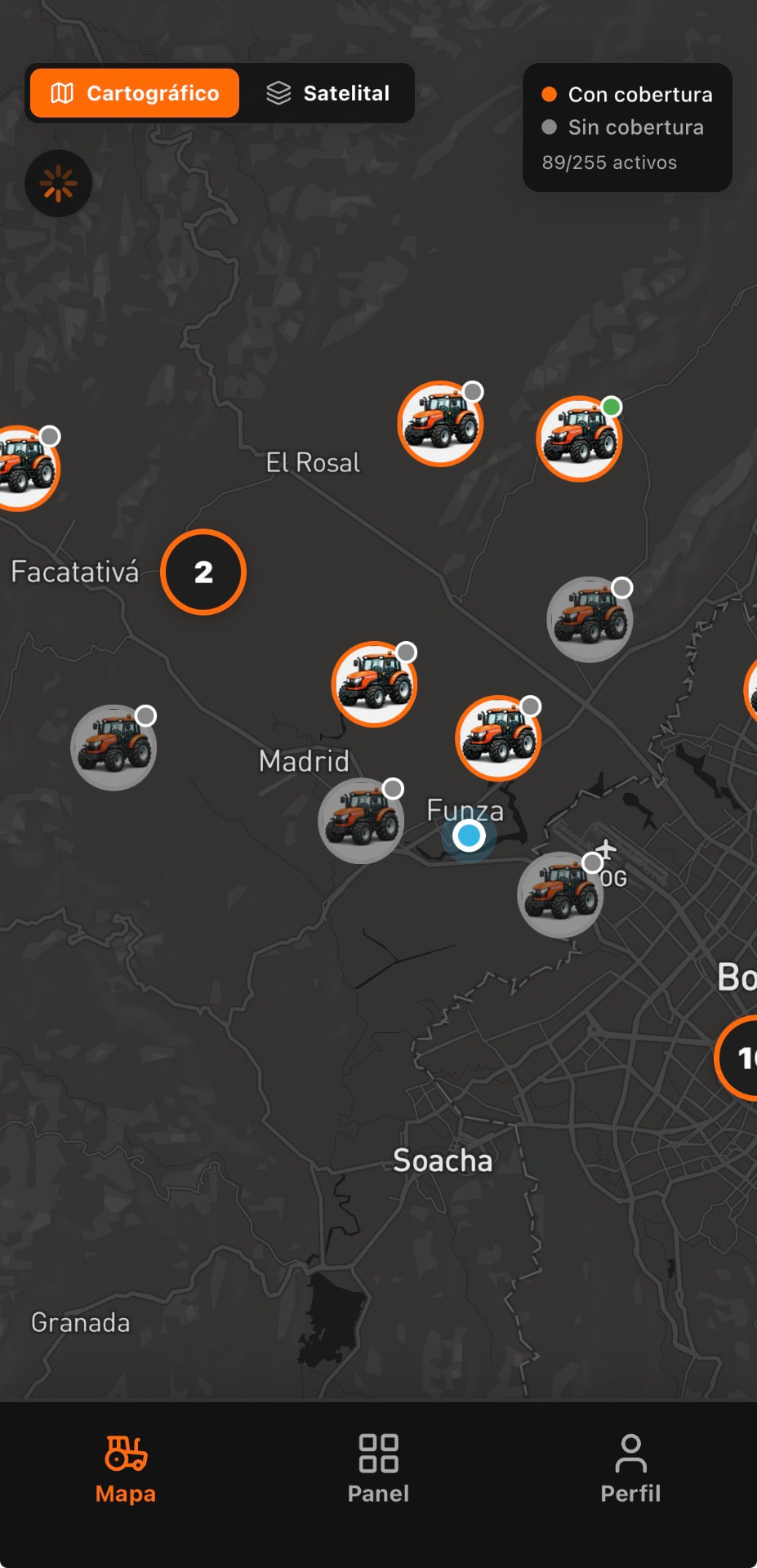Mapa de flota con tractores geolocalizados