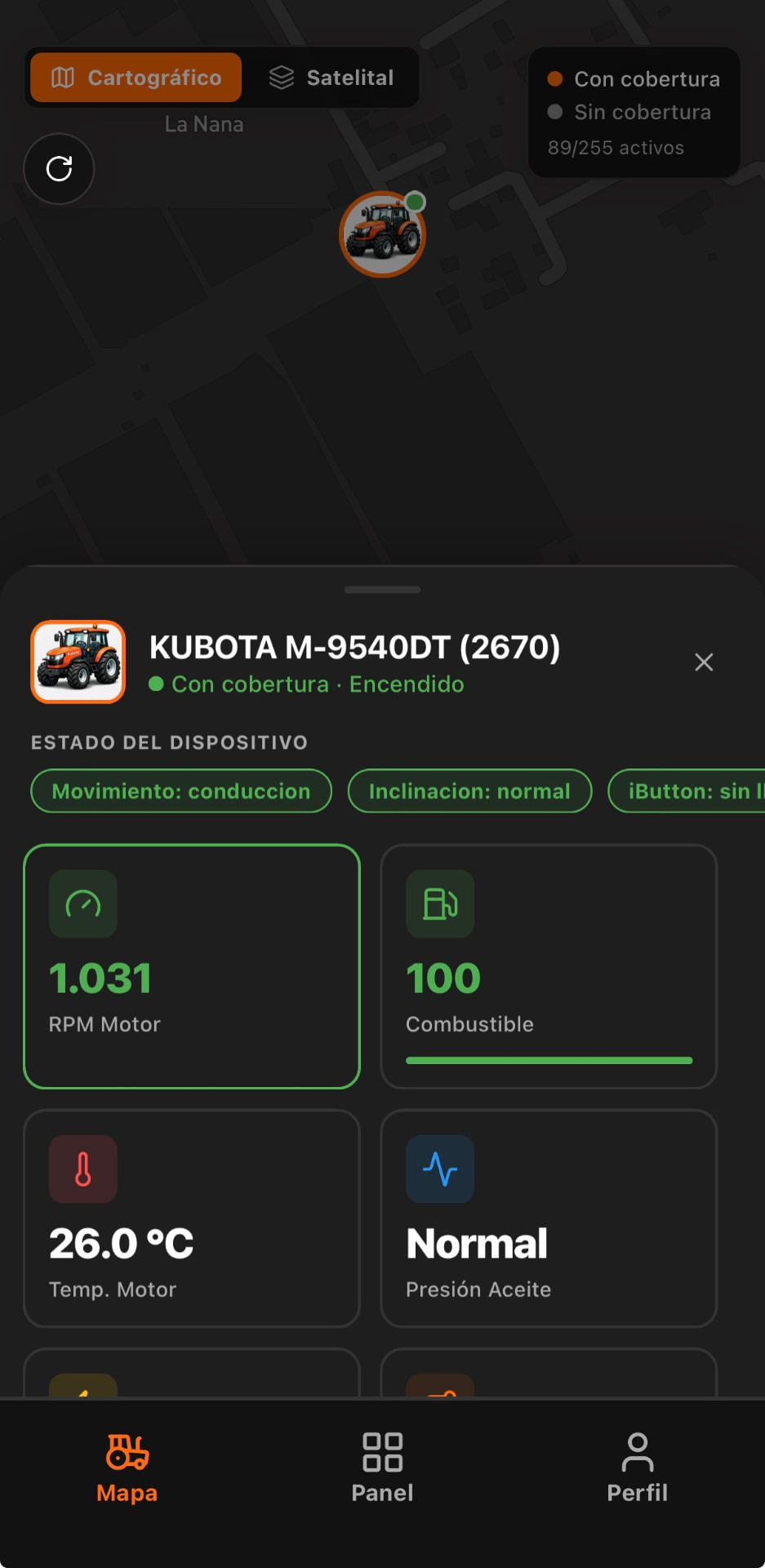Detalle del tractor con variables operativas