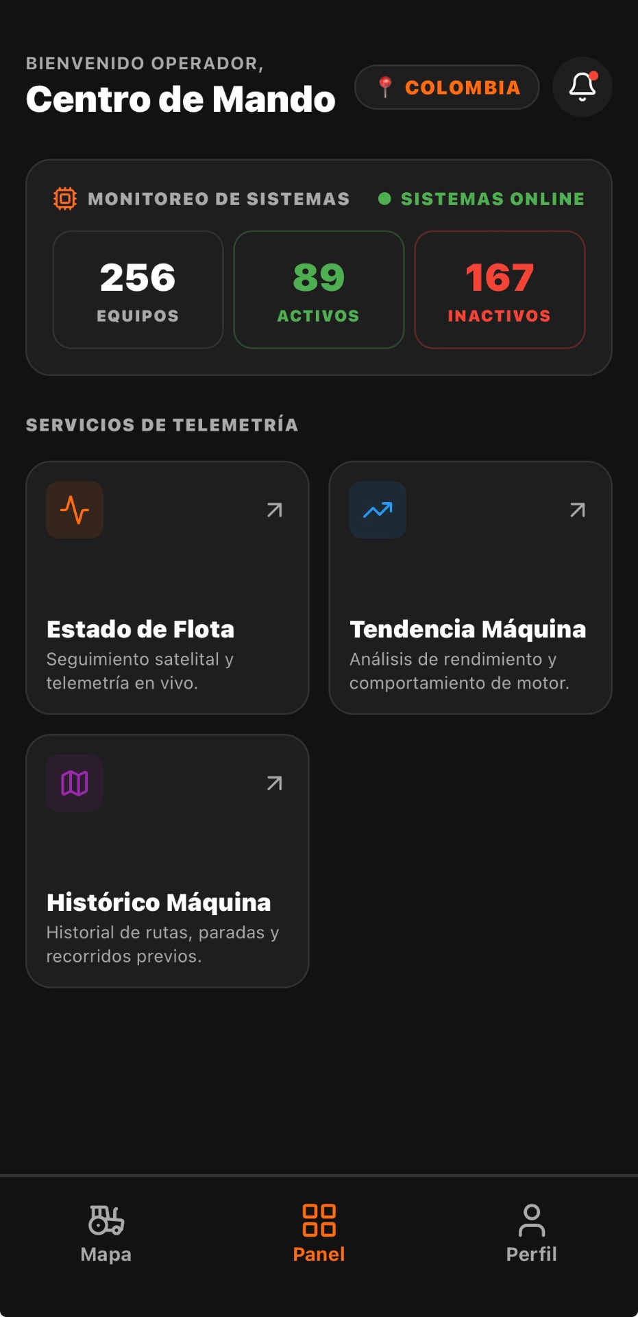 Centro de Mando con el estado global de la flota