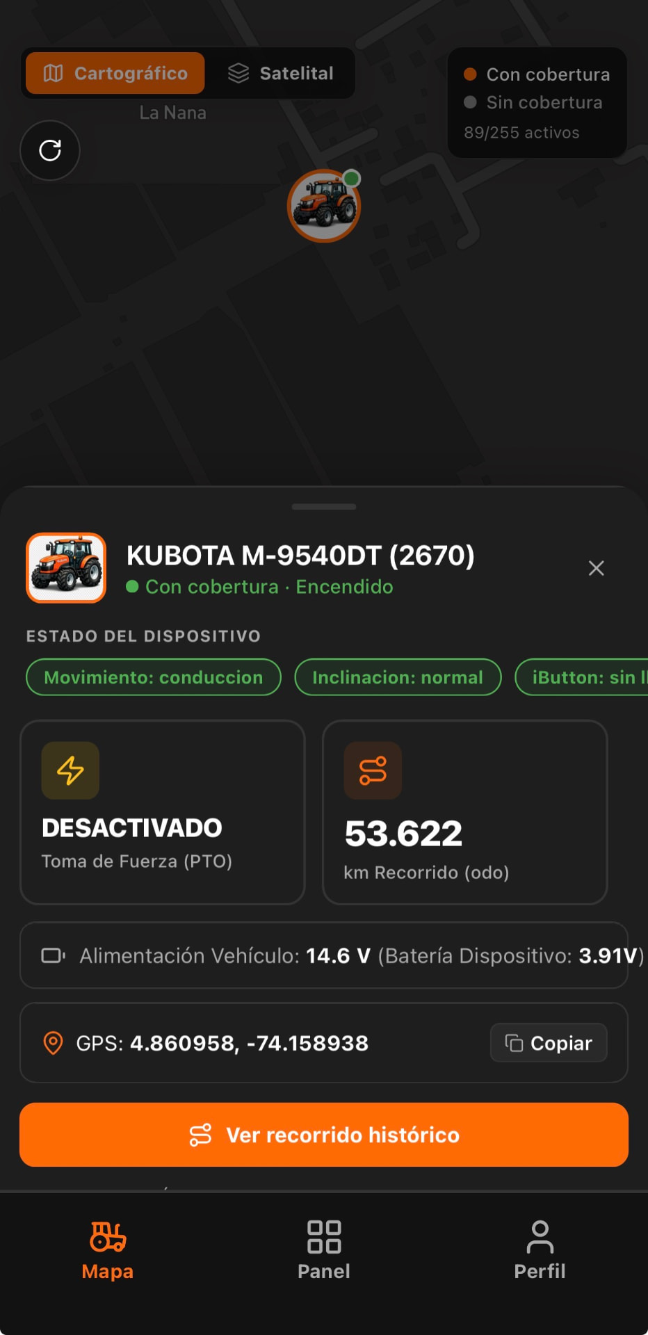 Detalle de estado de PTO y variables de la máquina